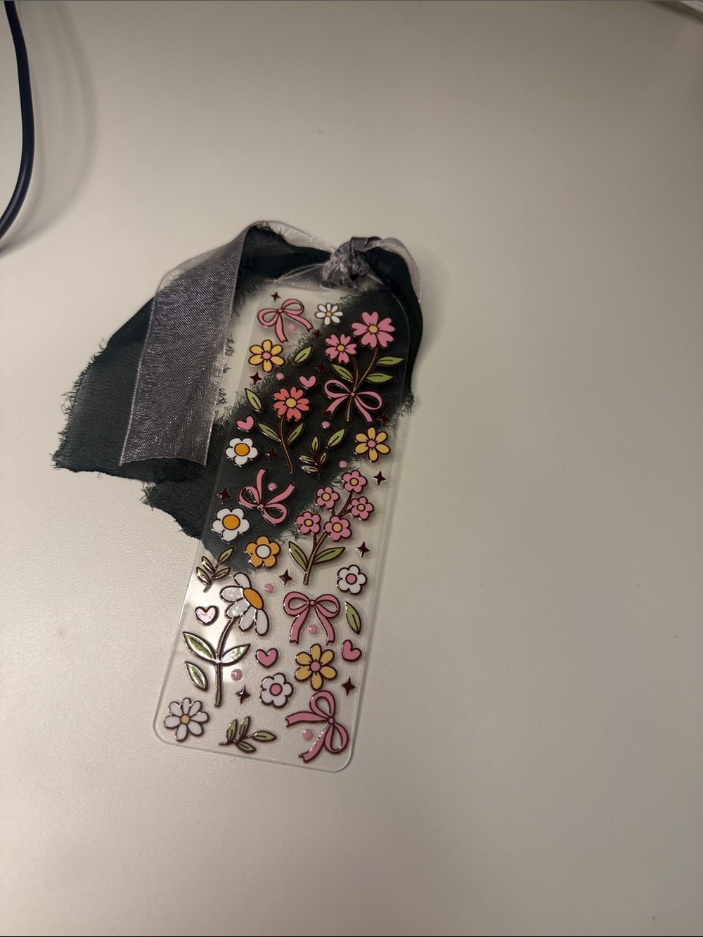 Acrylic Floral Ribbon Tassel Bookmark - Pink & Yellow Flowers